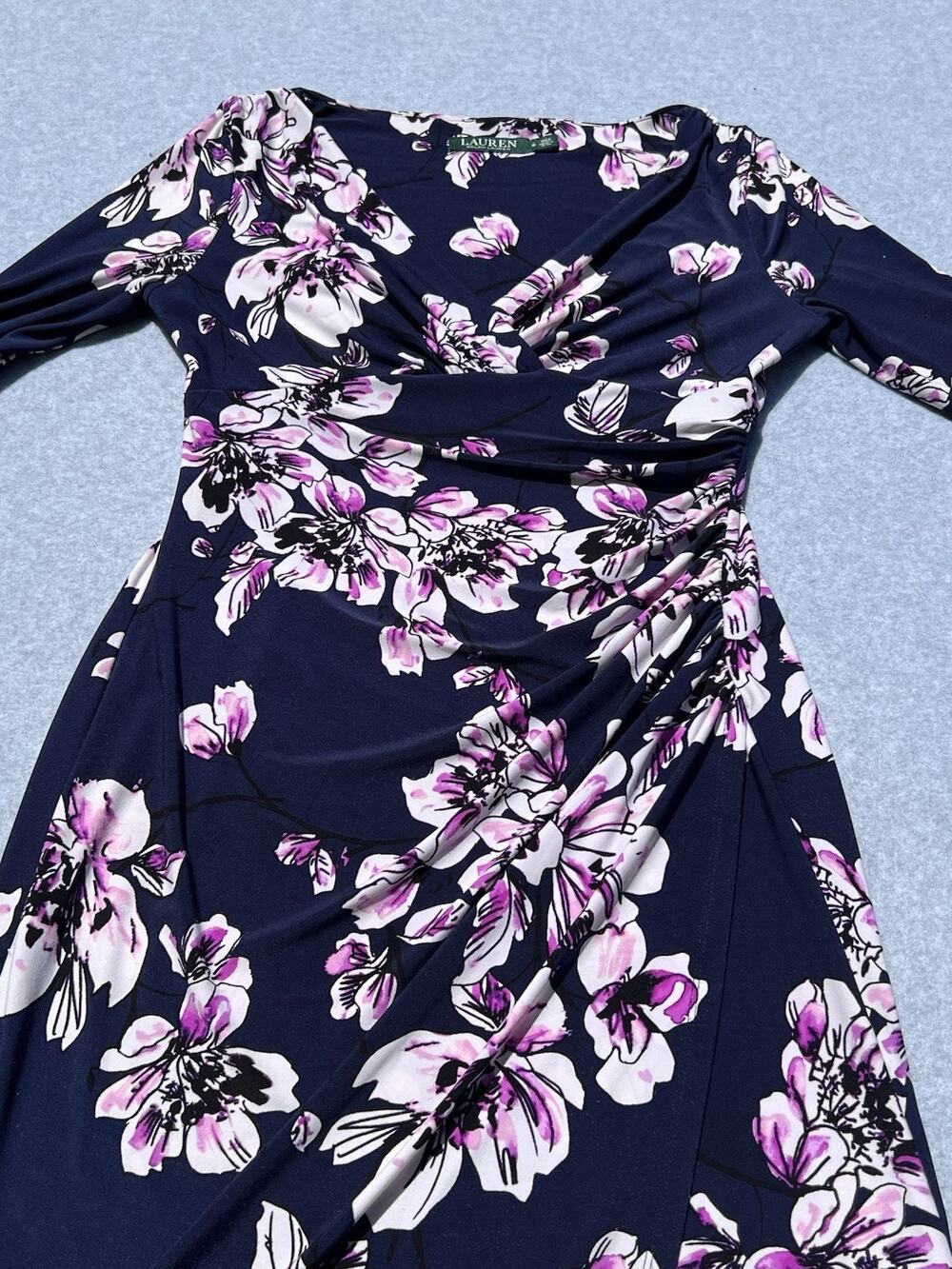Lauren Ralph Lauren Floral Faux Wrap Dress Navy Pink Ruched Sheath Women’s 6
